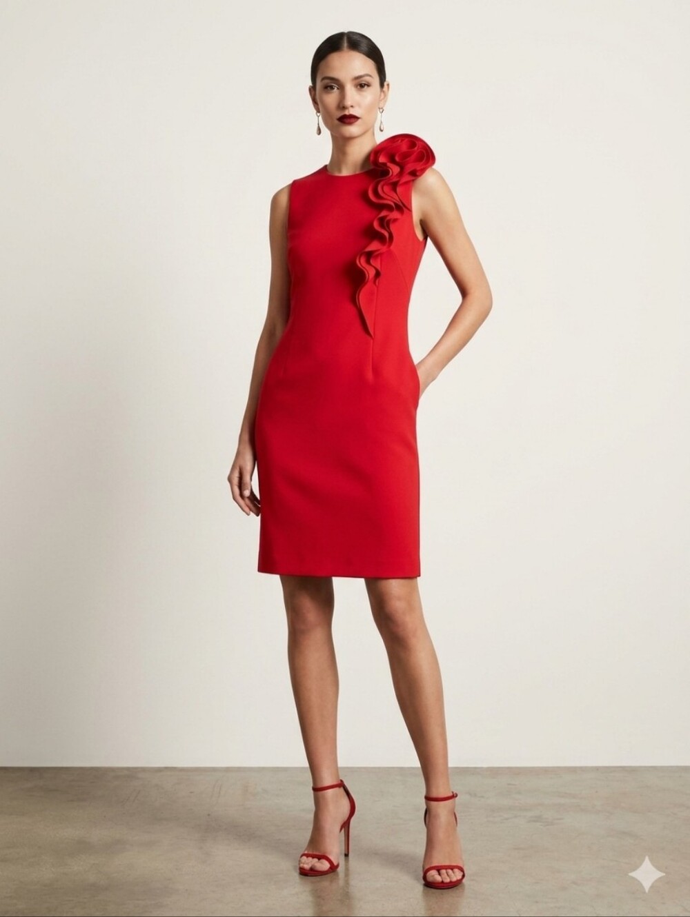 Jason Wu 3D structured rosetta Ruffle Shoulder A-Line Sheath Dress. Red. Small.